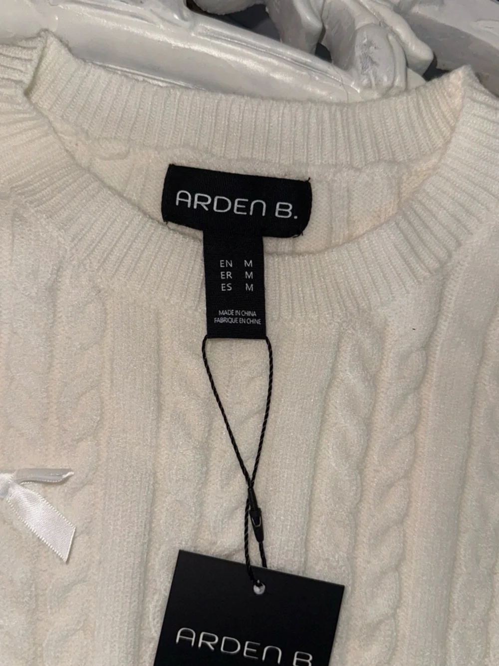 Ardene Cream Cable Knit Crewneck Sweater with Satin Bows